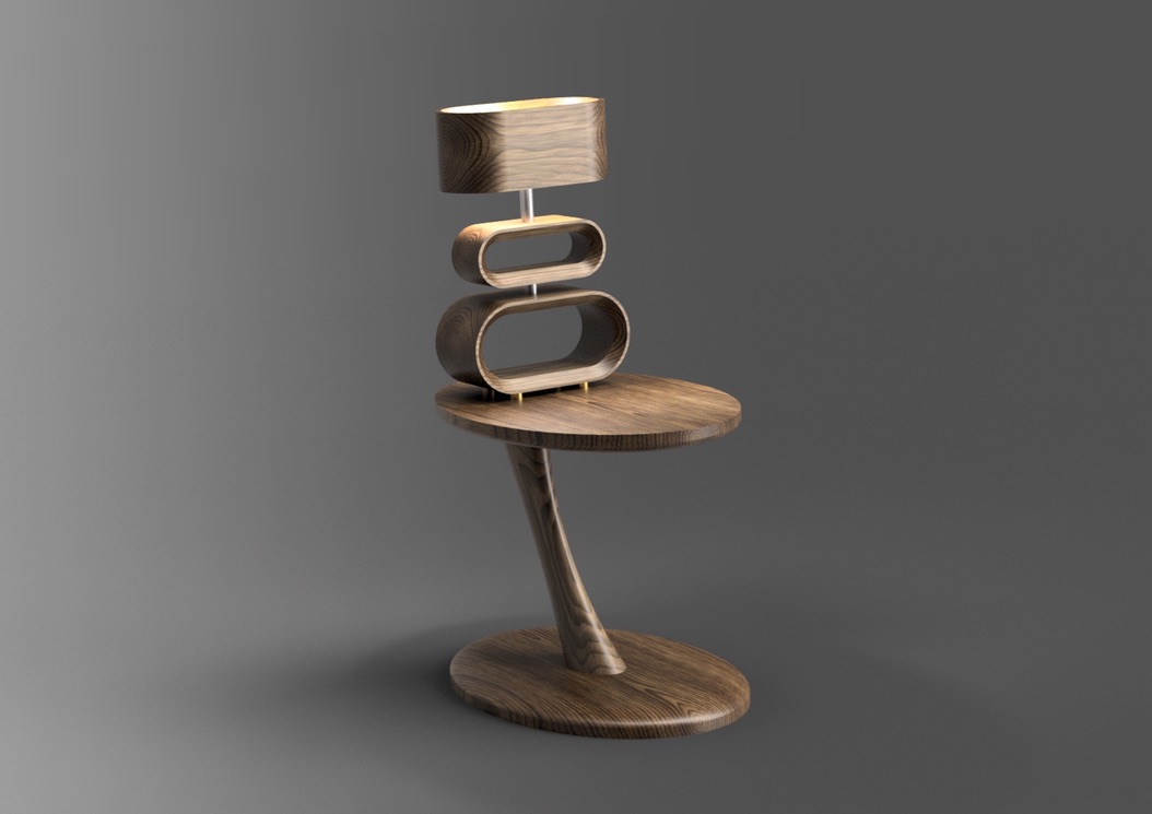 3D design render of organic sculptural lamp paired with matching side table, warm studio lighting