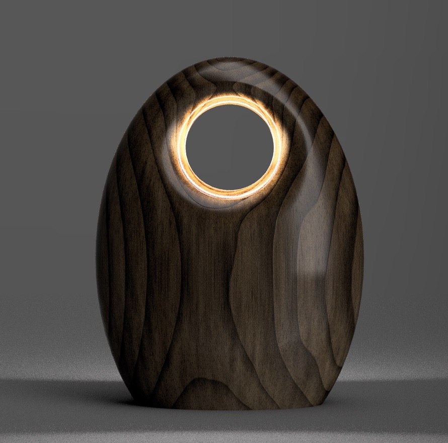 3D design render of organic oval lamp sculpture on dark background, showing form and material study